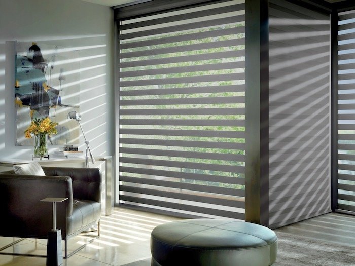 Designer Banded Shades in a living room. Available at F & R Blinds, Inc in Los Angeles